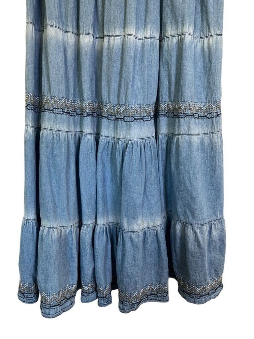 Boho Indigo Lace Womens Sz S Broomstick Maxi Skirt Smocked Tiered Embroidered - Picture 5 of 14